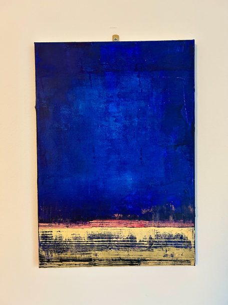 “First Light, Ramsgate” – 40 x 30 cm Abstract artwork featuring a rich blue background with horizontal earthy tones at the bottom.