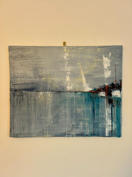 Salt Remains (Original Abstract Painting of Broadstairs Seafront) 40 x 50 cm Abstract artwork featuring shades of grey and blue with soft, textured lines.