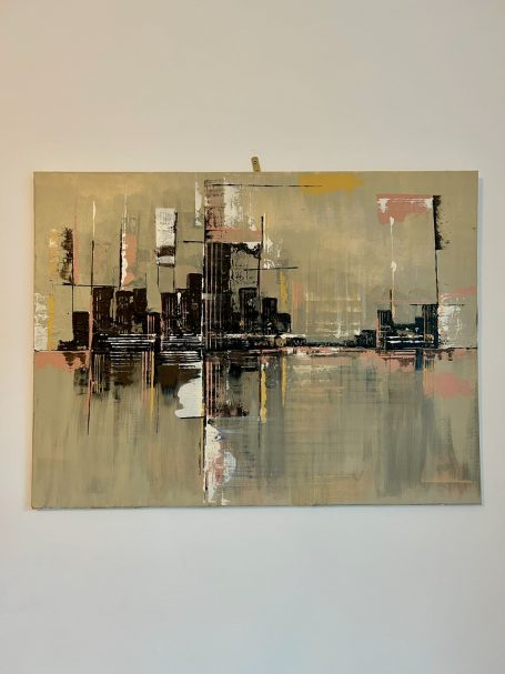“Stillness Between Structures” – 60 x 80 cm Abstract painting featuring dark structures against a light background with hints of colour.
