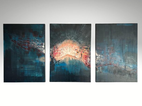 Embers After Dark – Harbour Triptych | Large Moody Coastal Abstract Painting | Contemporary Ramsgate Harbour Wall Art Abstract triptych featuring dark tones with vibrant splashes of colour in the centre.