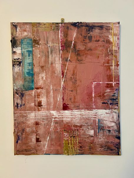 Fault Line - Original Abstract Acrylic Painting - 40cm by 50cm Abstract painting with pink, blue, and yellow textures on a beige background.