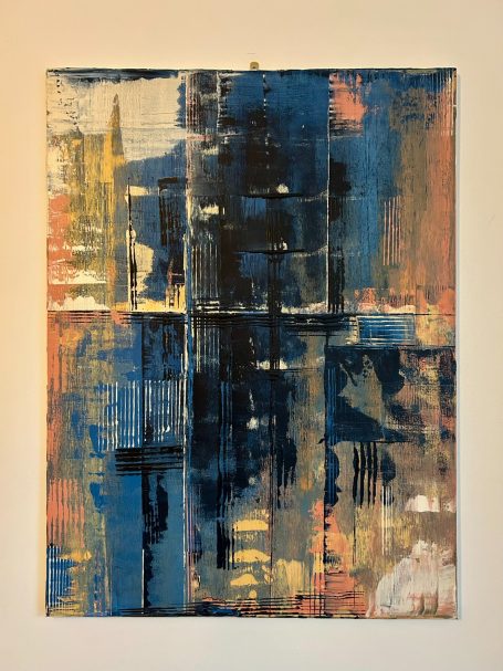 Intersections – 60 x 80 cm Abstract painting featuring blue, yellow, and orange tones with textured brush strokes.