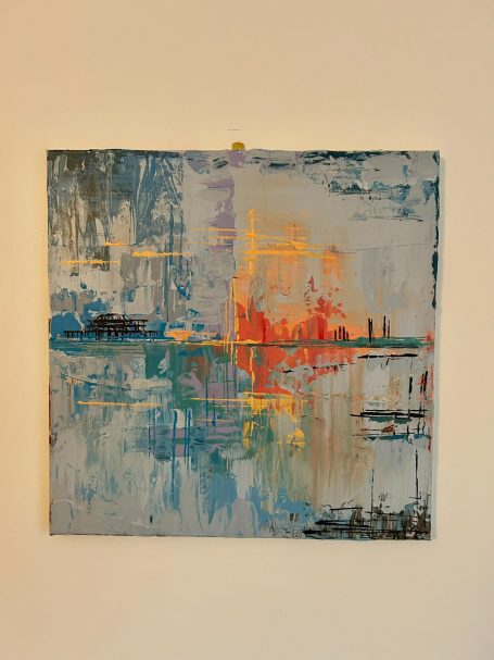 Anchored in Light - Hand Painted Original - Brighton Old Pier Abstract Painting – (40x40 cm) Abstract landscape with vibrant colours reflecting water and urban silhouettes.