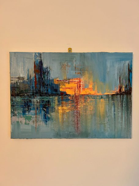 “Blue Harbour Light” – 30 x 40 cm Abstract landscape painting featuring vibrant oranges and blues reflecting in water.